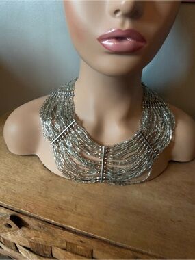 Beautiful circa 1980s vintage glass, bugle beads statement bib necklace